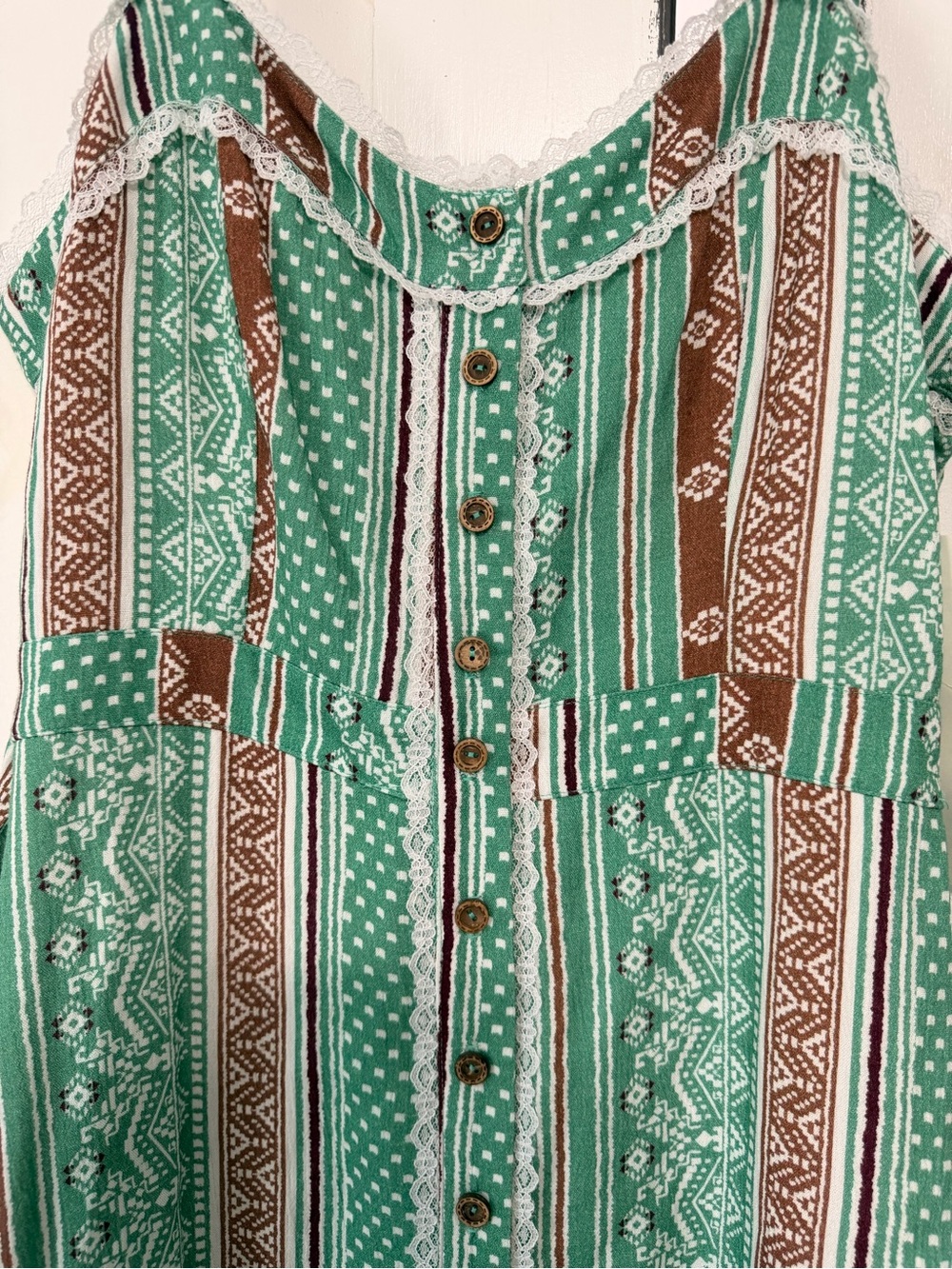 Striped Green Patterned Button-Front Mini Dress - Picture 3 of 10